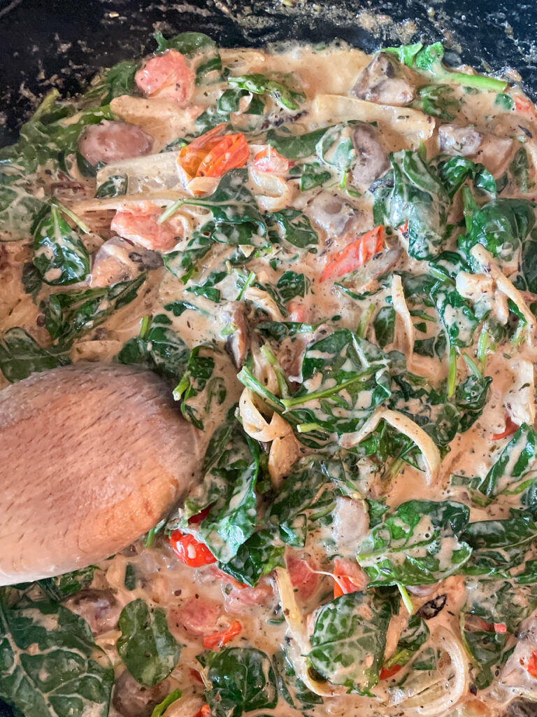 Creamy Pasta with Vegetables, sauce being made in skillet