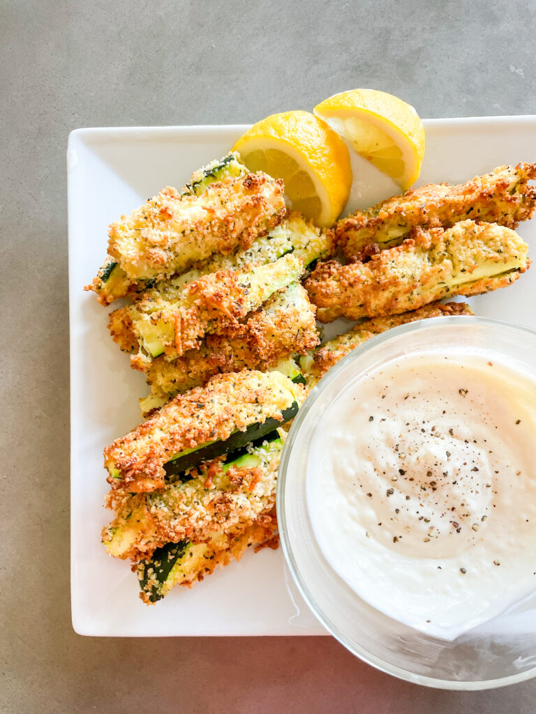 Carrabba's Zucchini Frittes with Garlic Aioli dipping sauce and lemon wedges